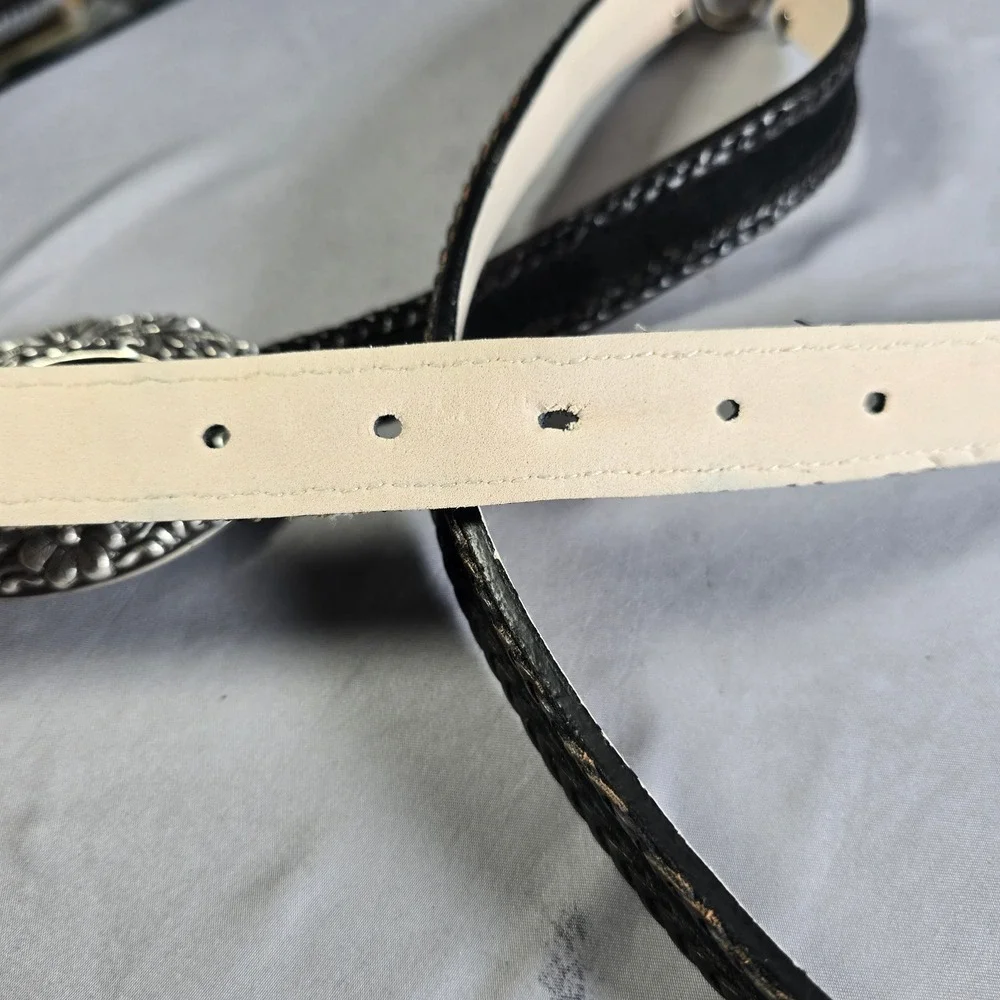Coldwater Creek Black Leather‎ Braided Belt Silver Floral Buckle Plus Size 2X